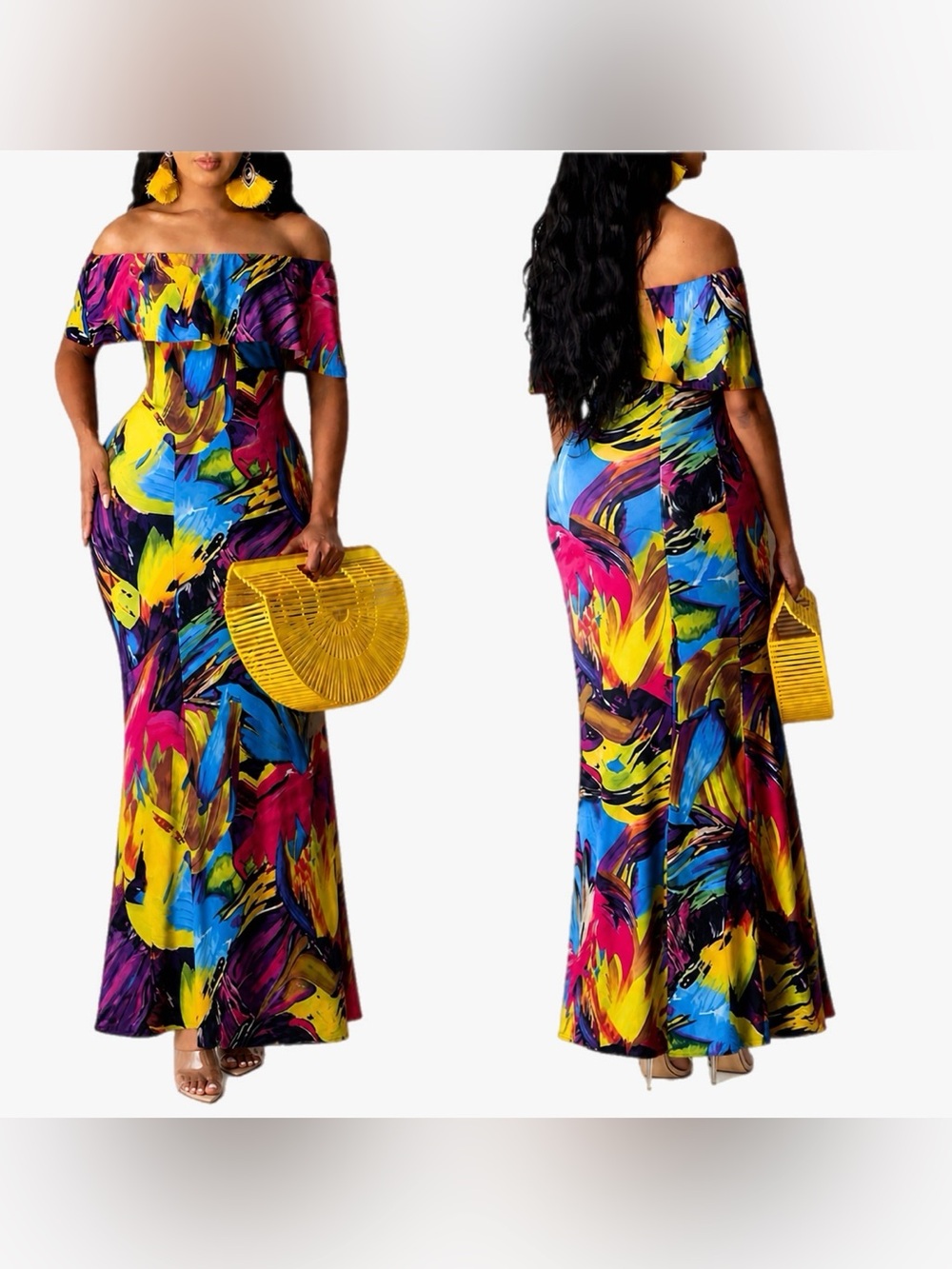 NWT Suimiki Off-Shoulder Tropical Print Maxi Dress Multicolor Women’s Size M - Picture 2 of 10